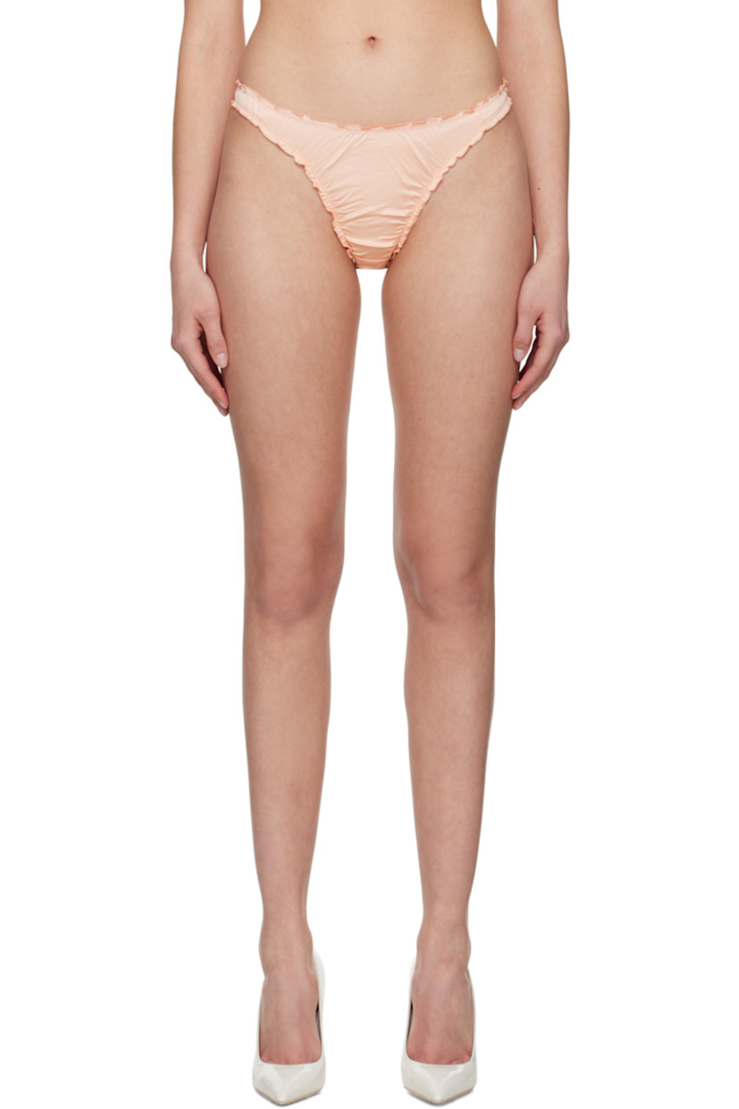 Stretch nylon satin thong. Ruffled edges and ruching throughout.

· Elasticized waistband
· Partial jersey lining

Supplier color: Coral