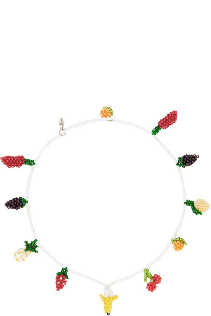 Handcrafted beaded glass necklace in white.

· Beaded graphics in multicolor at length
· Logo charm at adjustable toggle fastening
· L15"

Supplier color: Multi