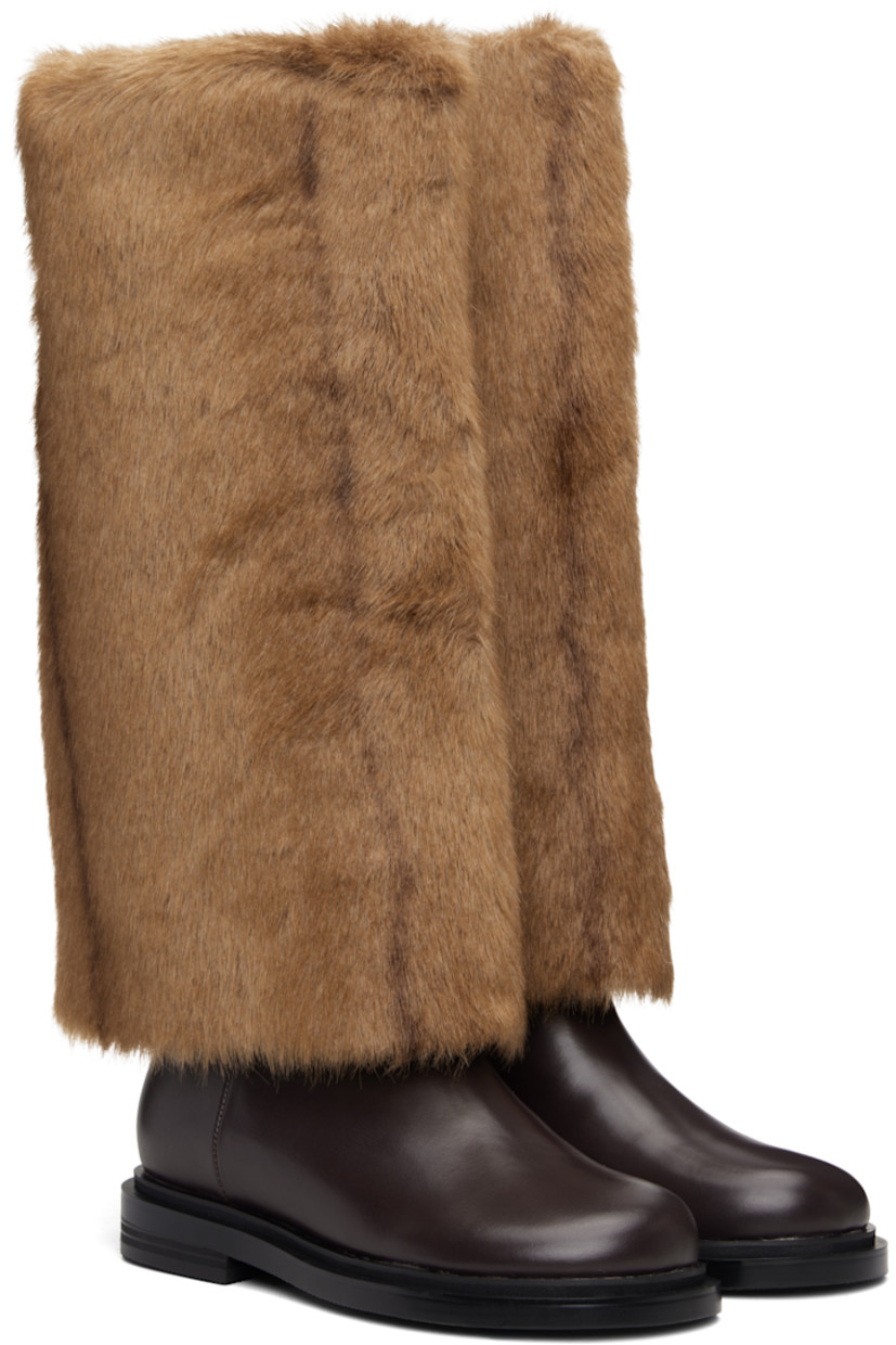 Knee-high buffed leather and faux-fur boots. 

· Pigskin lining 
· Stacked leather and rubber midsole 
· Treaded rubber sole 

Supplier color: Stripe brown