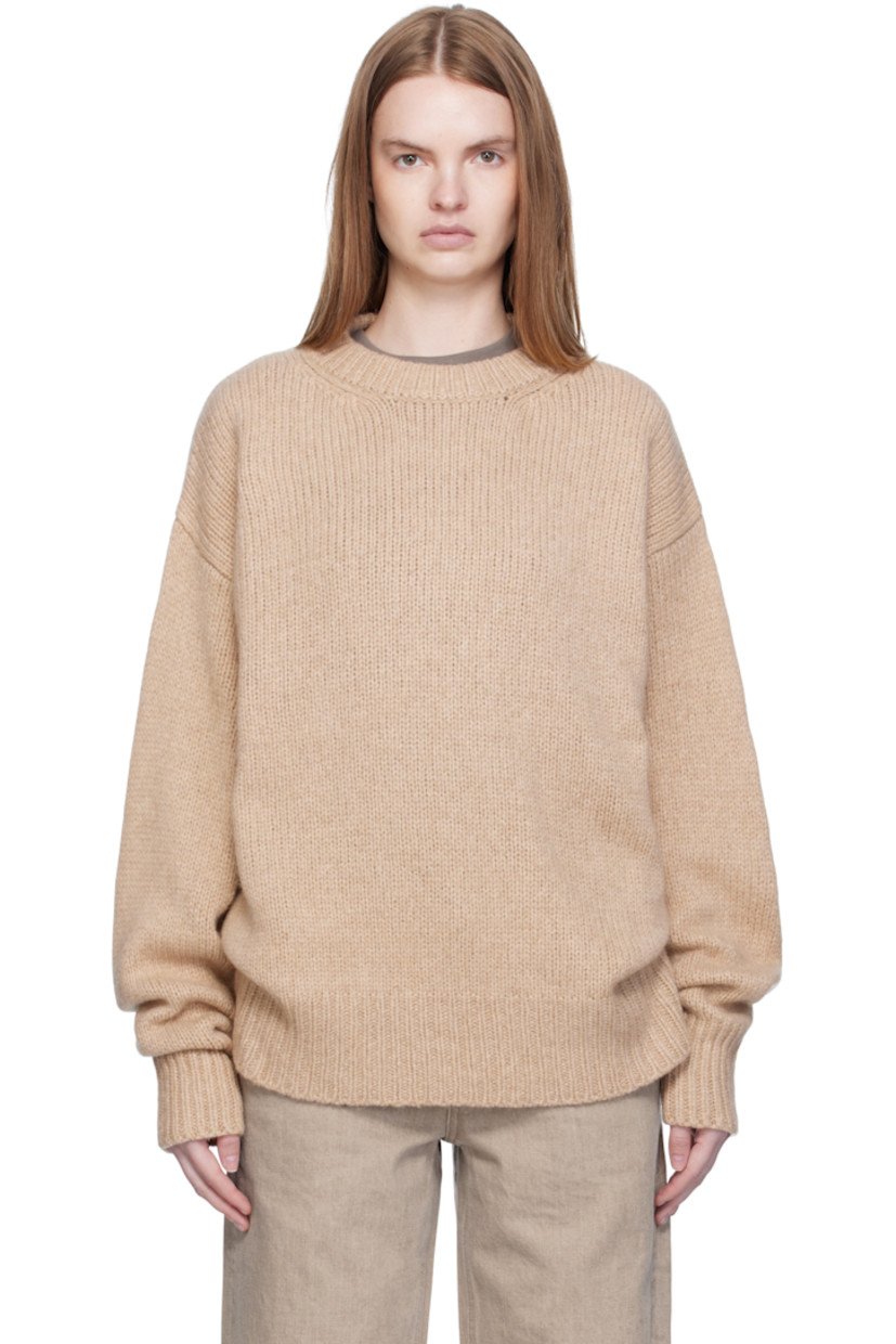 Knit cashmere- and baby yak-blend sweater.

· Rib-knit crewneck, hem, and cuffs
· Dropped shoulders

Supplier color: Beige