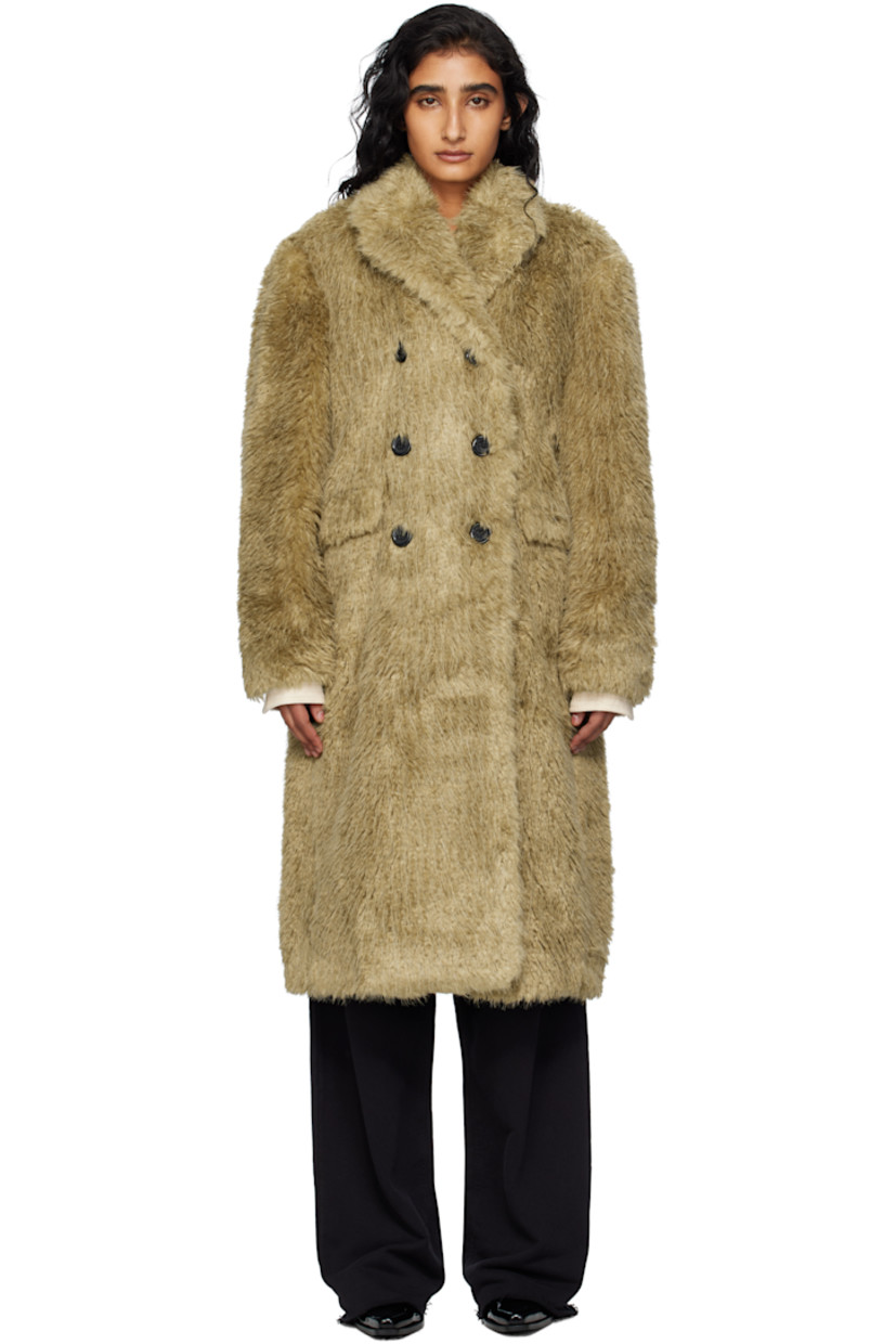 Faux-fur coat. 

· Notched lapel
· Double-breasted button closure
· Flap pockets at front 
· Central vent at back 
· Welt pocket at interior 
· Full satin twill lining

Supplier color: Khaki