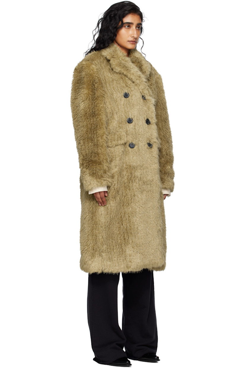 Faux-fur coat. 

· Notched lapel
· Double-breasted button closure
· Flap pockets at front 
· Central vent at back 
· Welt pocket at interior 
· Full satin twill lining

Supplier color: Khaki