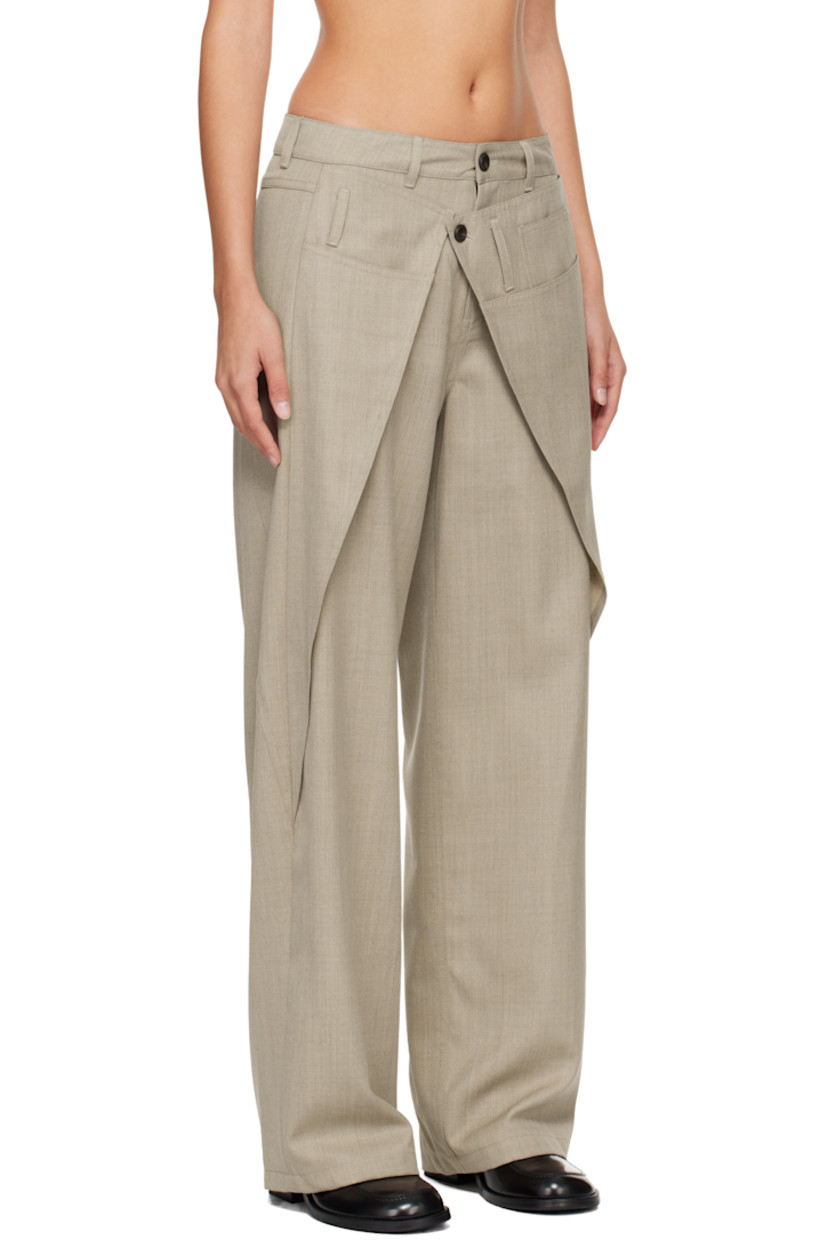 Wool-blend twill trousers.

· Overlay with button fastening at front
· Belt loops
· Four-pocket styling
· Zip fly

Supplier color: Beige