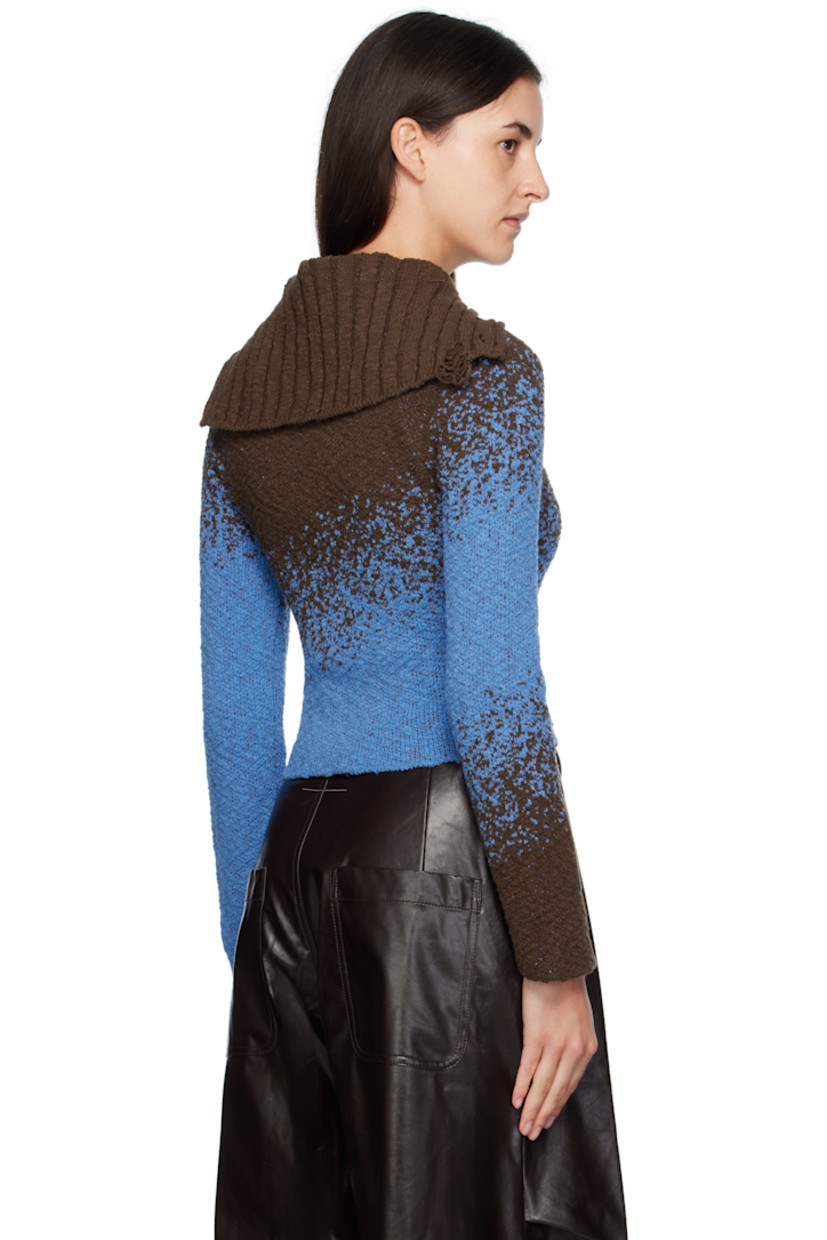 Knit cotton-blend cardigan.

· Rib-knit spread collar
· Offset press-stud closure
· Cropped hem
· Raglan sleeves

Supplier color: Blue/Brown