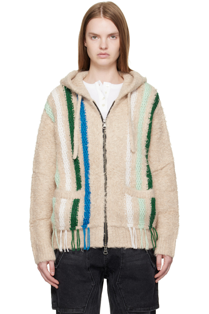 Shag-knit stretch cotton- and wool-blend hoodie.

· Intarsia stripes with fringed ends throughout
· Drawstring at hood
· Two-way zip closure
· Welt pockets at waist

Supplier color: Ecru