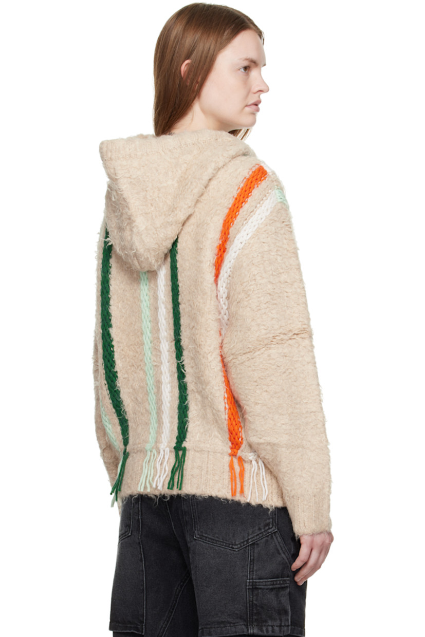 Shag-knit stretch cotton- and wool-blend hoodie.

· Intarsia stripes with fringed ends throughout
· Drawstring at hood
· Two-way zip closure
· Welt pockets at waist

Supplier color: Ecru