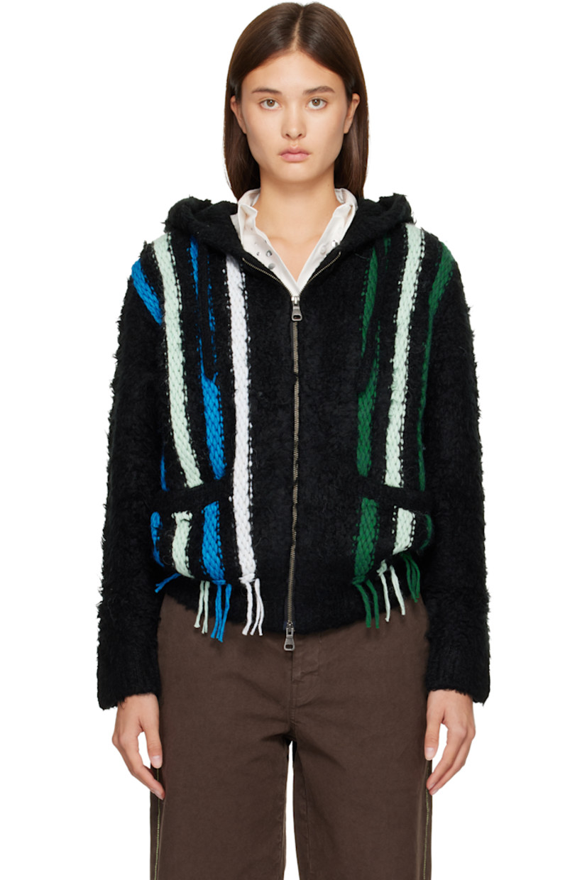 Brushed knit stretch hoodie.

· Stripes throughout
· Drawstring at hood
· Two-way zip closure
· Welt pockets at front
· Logo flag at side seam

Supplier color: Black