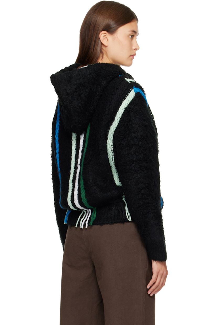 Brushed knit stretch hoodie.

· Stripes throughout
· Drawstring at hood
· Two-way zip closure
· Welt pockets at front
· Logo flag at side seam

Supplier color: Black