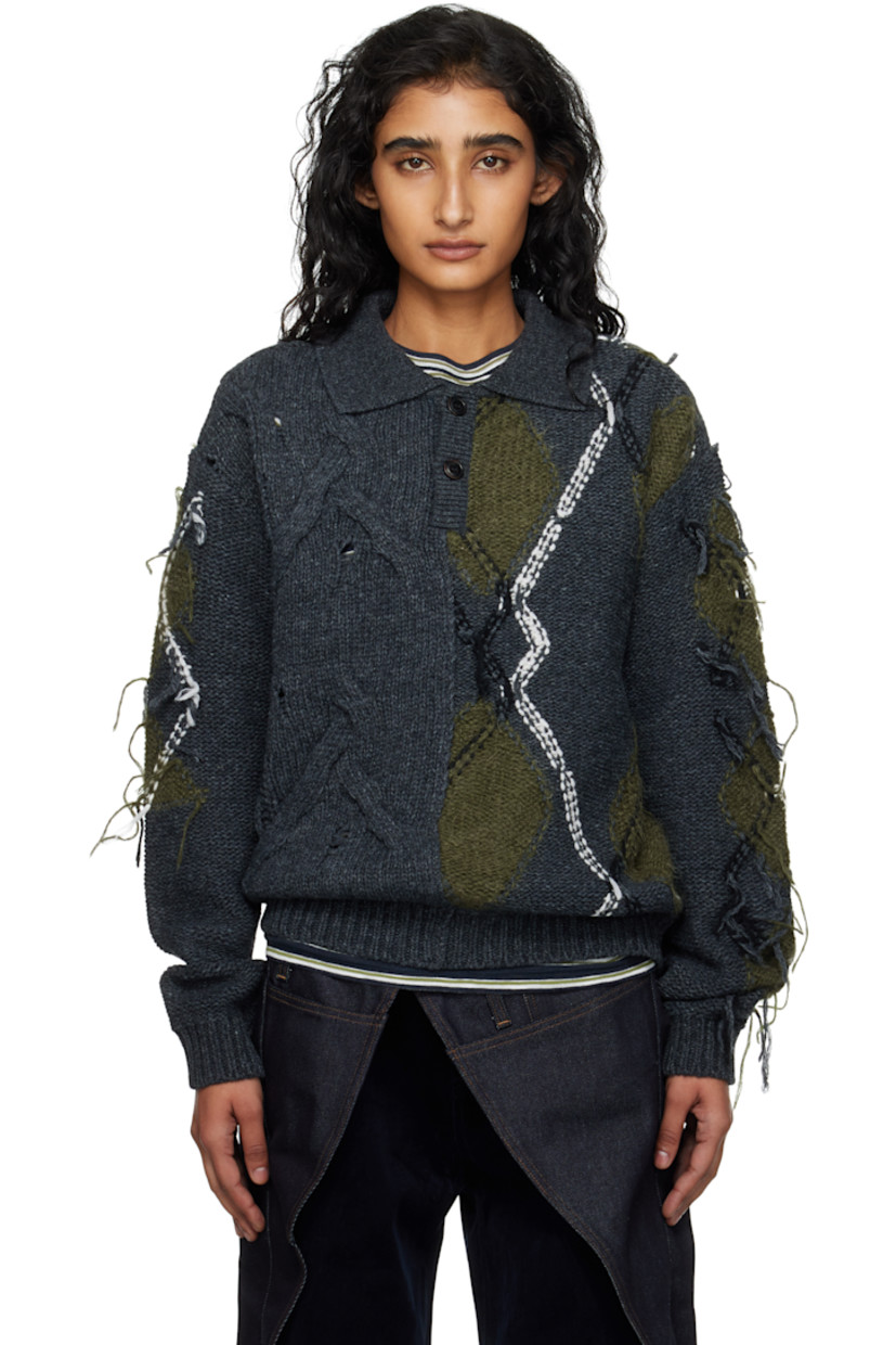 Cable-knit wool-blend polo.

· Fil-coupé and intarsia argyle pattern throughout
· Rib-knit spread collar, hem, and cuffs
· Two-button placket

Supplier color: Charcoal