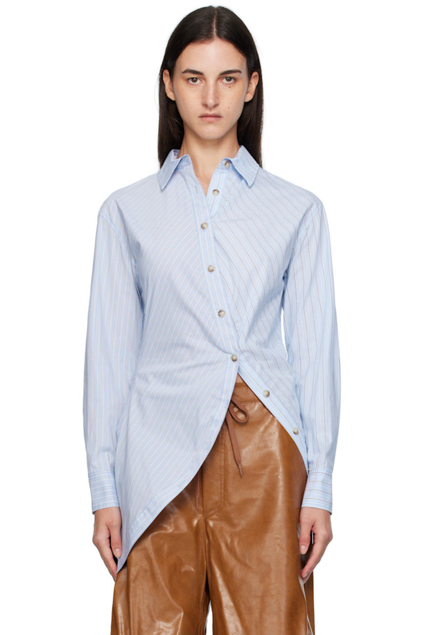 Stretch cotton-blend poplin shirt.

· Stripes throughout
· Spread collar
· Offset button closure
· Asymmetrical hem

Supplier color: Blue
