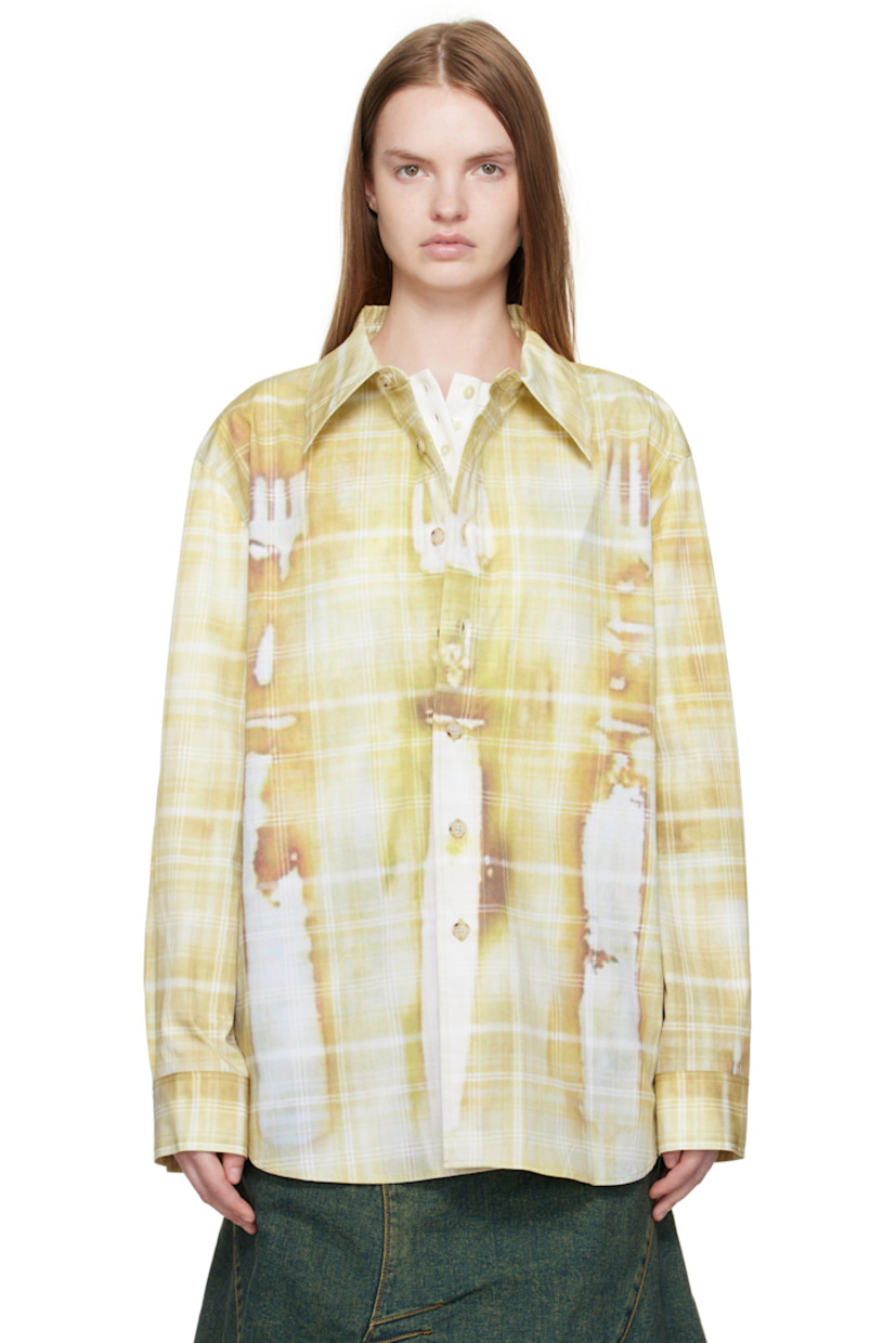 Stretch cotton-blend twill shirt.

· Printed discoloration and check pattern throughout
· Spread collar
· Button closure
· Shirttail hem
· Buttoned barrel cuffs
· Box pleat at back yoke

Supplier color: Yellow