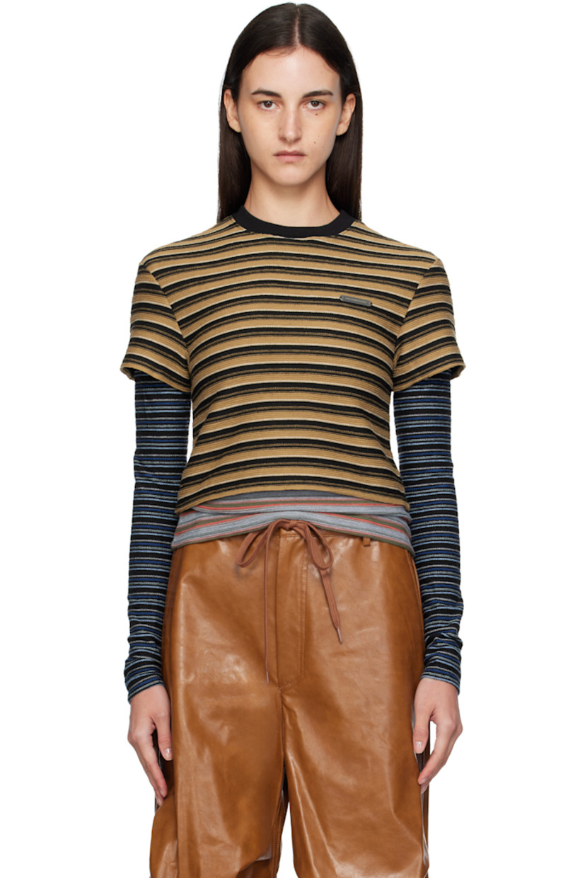 Rib-knit cotton-blend T-shirt.

· Stripes throughout
· Crewneck
· Logo plaque at chest
· Layered hem and sleeves

Supplier color: Multi