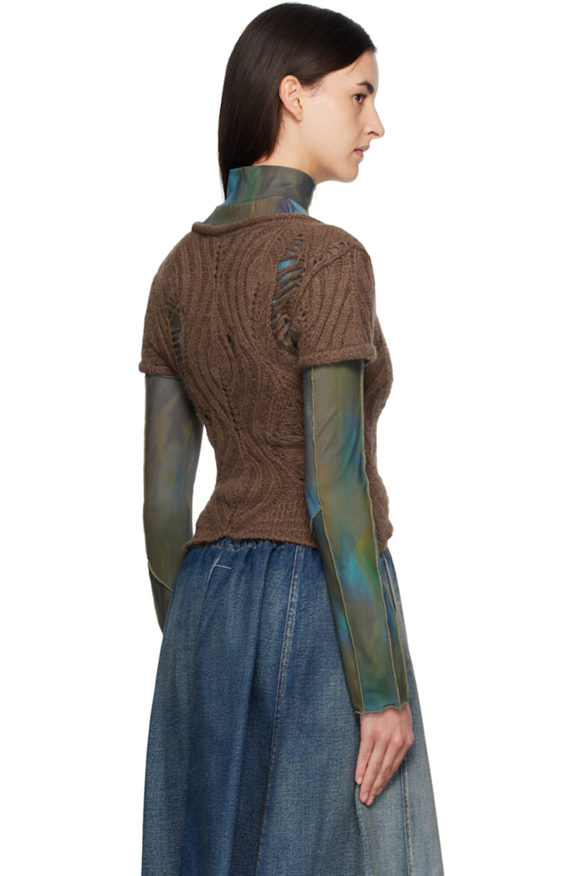 Cable-knit and stretch jersey T-shirt.

· Pinched seams throughout
· Integrated layered construction
· Mock neck
· Lettuce edge at hem and cuffs

Supplier color: Brown