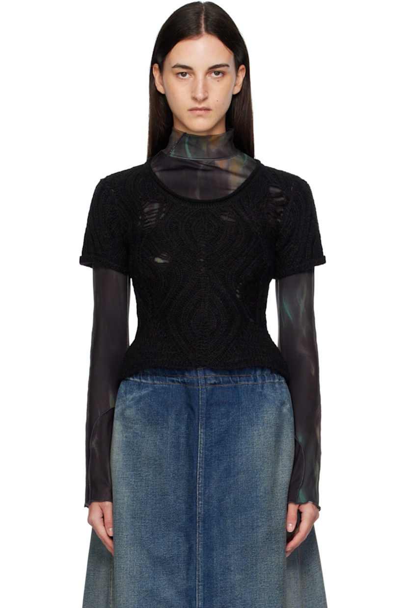Cable-knit and stretch jersey T-shirt.

· Pinched seams throughout
· Integrated layered construction
· Mock neck
· Lettuce edge at hem and cuffs

Supplier color: Black