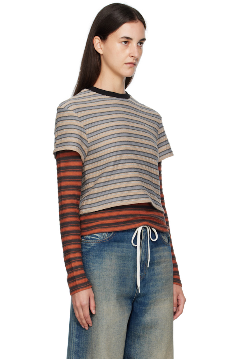 Rib-knit cotton-blend T-shirt.

· Stripes throughout
· Crewneck
· Logo plaque at chest
· Layered hem and sleeves

Supplier color: Beige/Brick