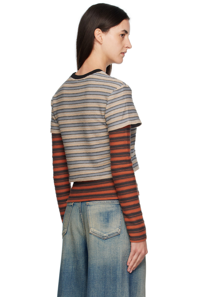 Rib-knit cotton-blend T-shirt.

· Stripes throughout
· Crewneck
· Logo plaque at chest
· Layered hem and sleeves

Supplier color: Beige/Brick
