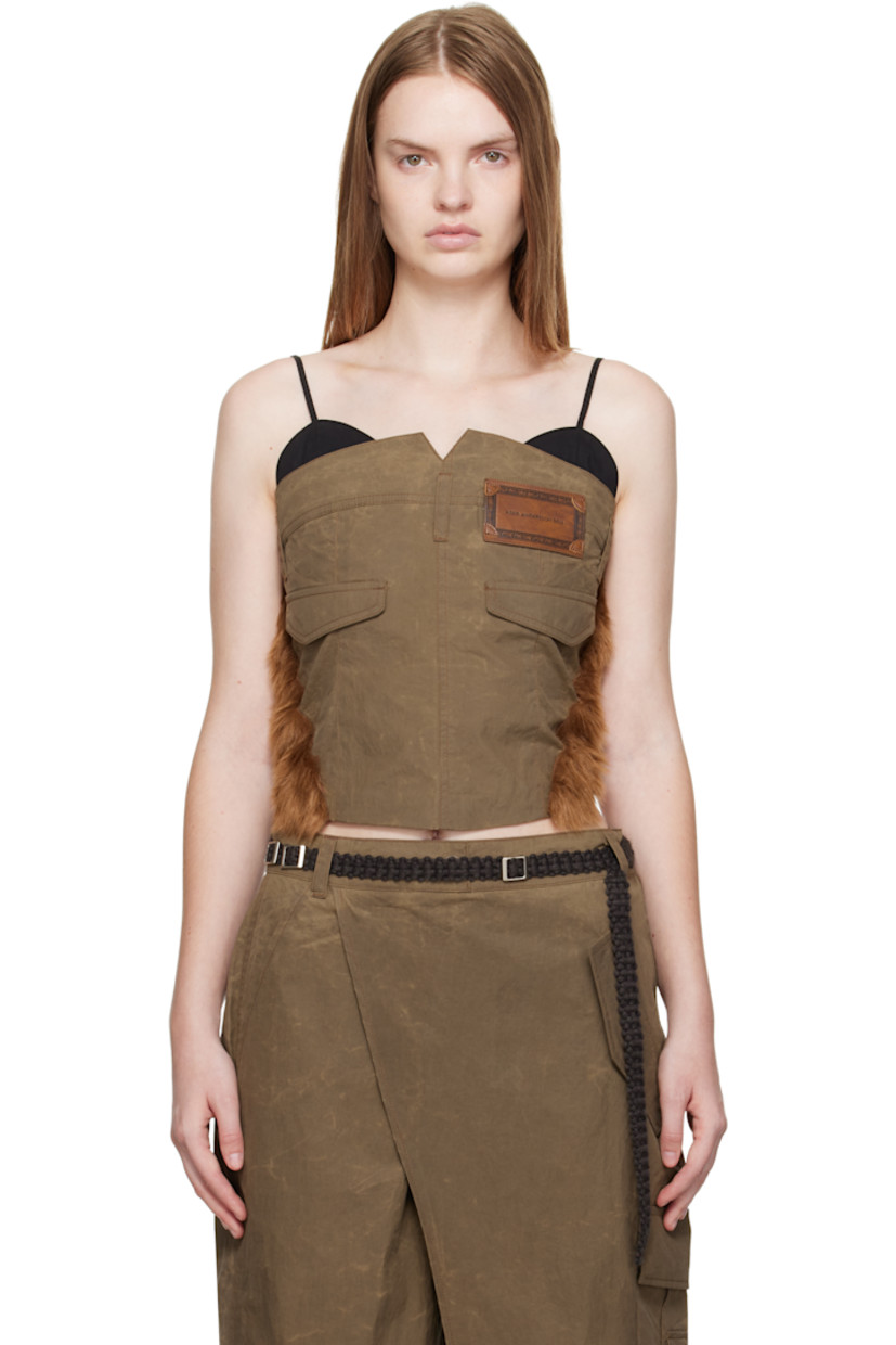 Crinkled nylon canvas top.

· Notched straight neck with exposed cups
· Belt loops at front and back neckline
· Zip closure
· Logo patch and flaps at chest
· Faux-fur trim at side seams
· Adjustable spaghetti shoulder straps
· Full satin lining

Supplier color: Taupe