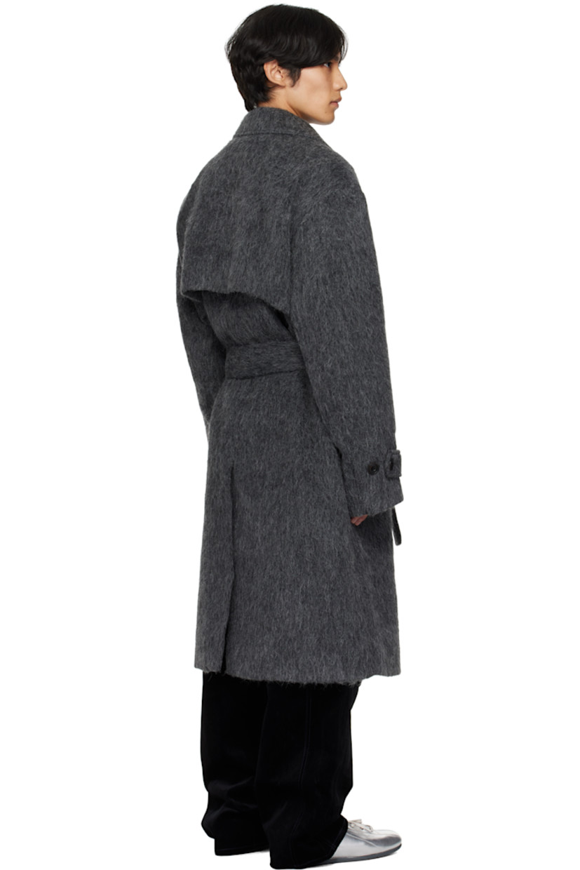 Felted alpaca- and wool-blend coat.

· Notched lapel
· Double-breasted button closure
· Welt pockets at chest
· Flap pockets at waist
· Belt loops with detachable belt at waist
· Adjustable button tab at cuffs
· Vented back hem
· Full satin lining

Supplier color: Grey