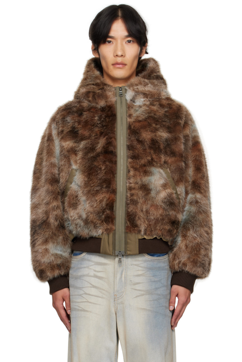Faux-fur jacket.

· Zip vent at hood
· Stand collar
· Two-way zip closure
· Welt pockets at front
· Rib-knit hem and cuffs
· Full satin lining

Supplier color: Brown