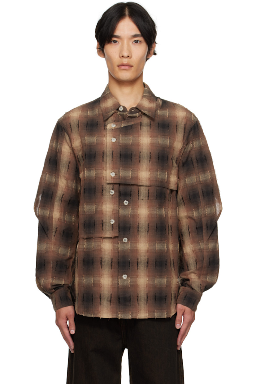 Plain-woven cotton-blend shirt.

· Check and fil-coupé pattern throughout
· Spread collar
· Overlay with button fastenings at front
· Button closure
· Shirttail hem
· Buttoned barrel cuffs
· Box pleat at back yoke

Supplier color: Brown