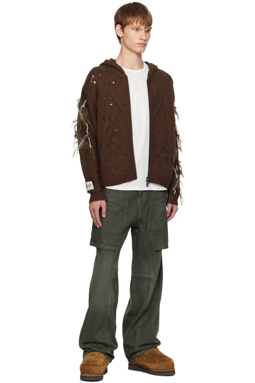 Cable-knit wool-blend hoodie.

· Fil-coupé argyle pattern throughout
· Rib-knit trim at hood, hem, and cuffs
· Two-way zip closure
· Welt pockets at front
· Logo patch at cuff

Supplier color: Brown