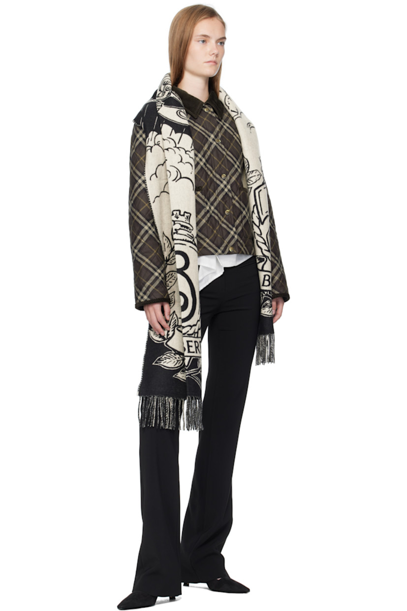 Rectangular cashmere flannel scarf.

· Jacquard logo graphic at face
· Fringed detailing at ends
· Check pattern at back face
· L82.5" x W19.5"

Supplier color: Black/Calico