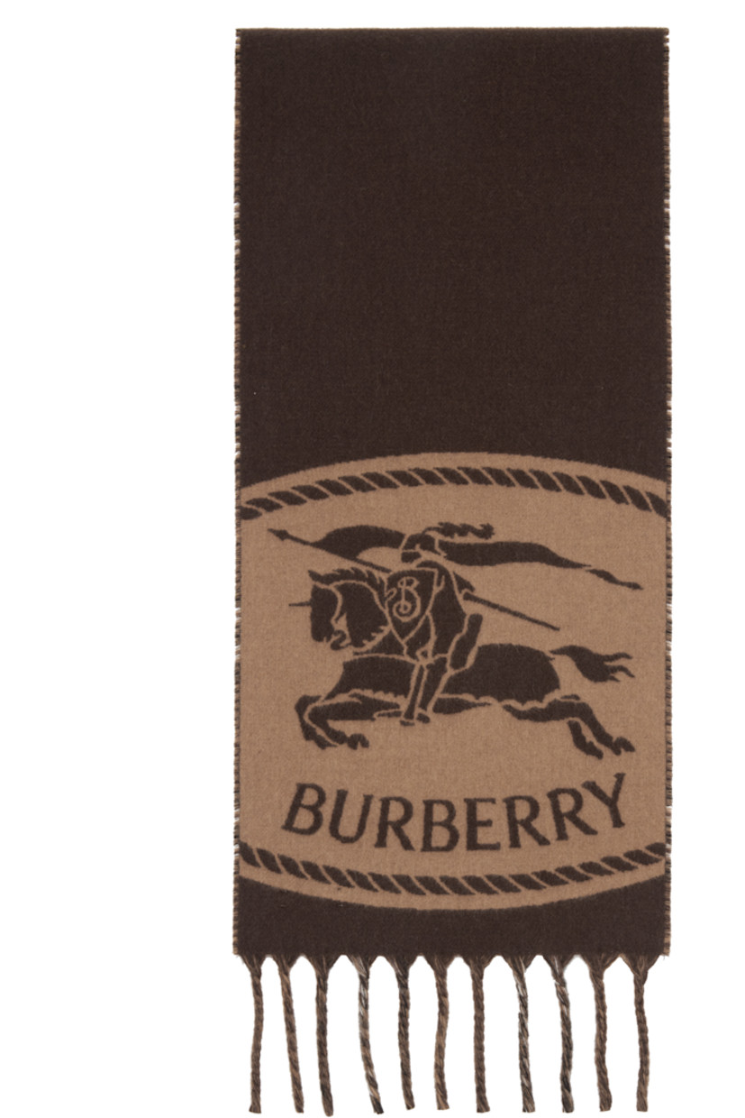 Rectangular cashmere flannel scarf.

· Jacquard logo graphic at face
· Fringed detailing at ends
· Check pattern at back face
· L66" x W11"

Supplier color: Treacle