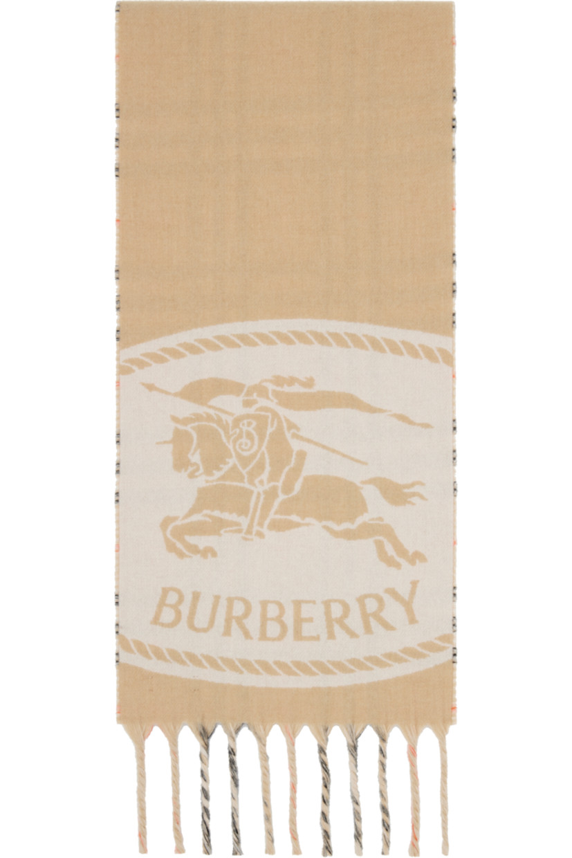 Rectangular cashmere flannel scarf.

· Jacquard logo graphic at face
· Fringed detailing at ends
· Check pattern at back face
· L66" x W11"

Supplier color: Sand