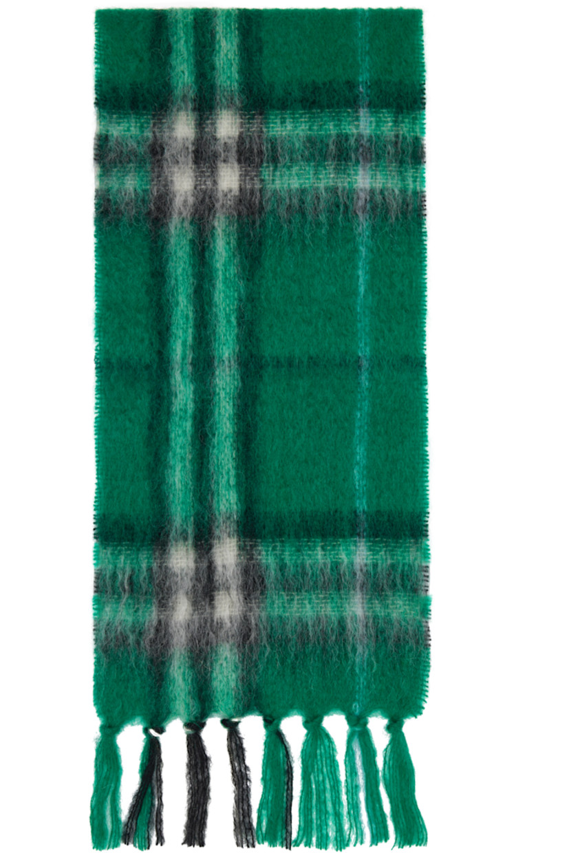 Rectangular brushed mohair- and wool-blend flannel scarf.

· Check pattern throughout
· Fringed detailing at ends
· L66" x W11.75"

Supplier color: Leaf