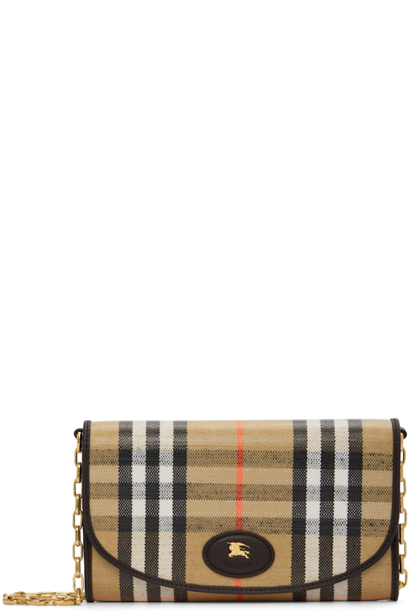 Coated canvas wallet-style shoulder bag.

· Chain crossbody strap with leather trim
· Leather logo patch at face
· Flap with press-stud closure
· Buffed leather lining
· Twelve card slots and two note slots
· Central zip compartment
· H5" x W9" x D1.5"

Supplier color: Sand