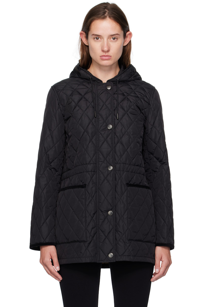 Insulated and quilted nylon satin coat. 

· Water-repellent
· Cotton corduroy trim throughout 
· Drawstring at hood
· Two-way zip closure and press-stud placket 
· Patch pockets at front 
· Cord-lock drawstring at interior waist 
· Patch pocket at interior 
· Full twill lining

Supplier color: Black/Sand ip check