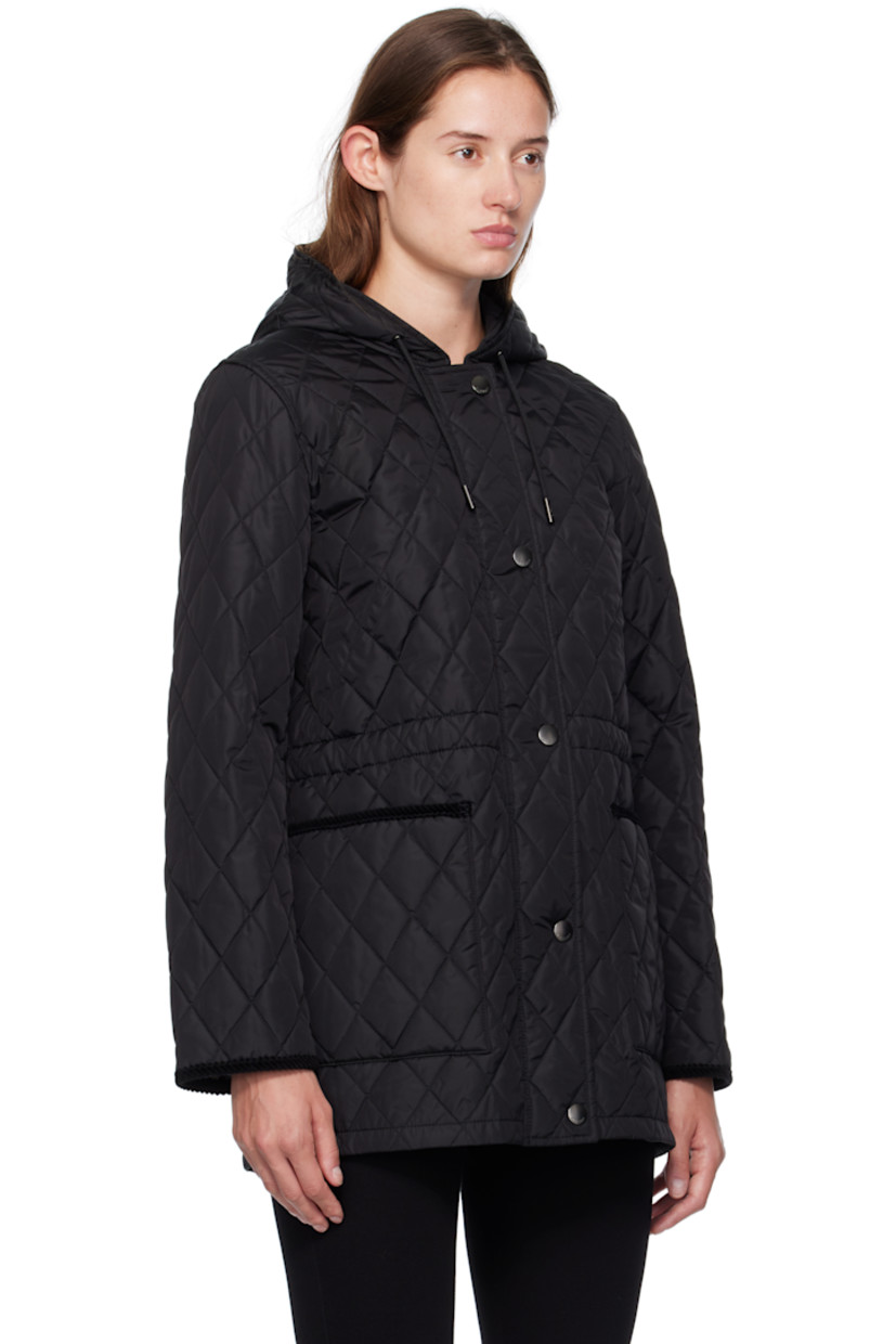 Insulated and quilted nylon satin coat. 

· Water-repellent
· Cotton corduroy trim throughout 
· Drawstring at hood
· Two-way zip closure and press-stud placket 
· Patch pockets at front 
· Cord-lock drawstring at interior waist 
· Patch pocket at interior 
· Full twill lining

Supplier color: Black/Sand ip check