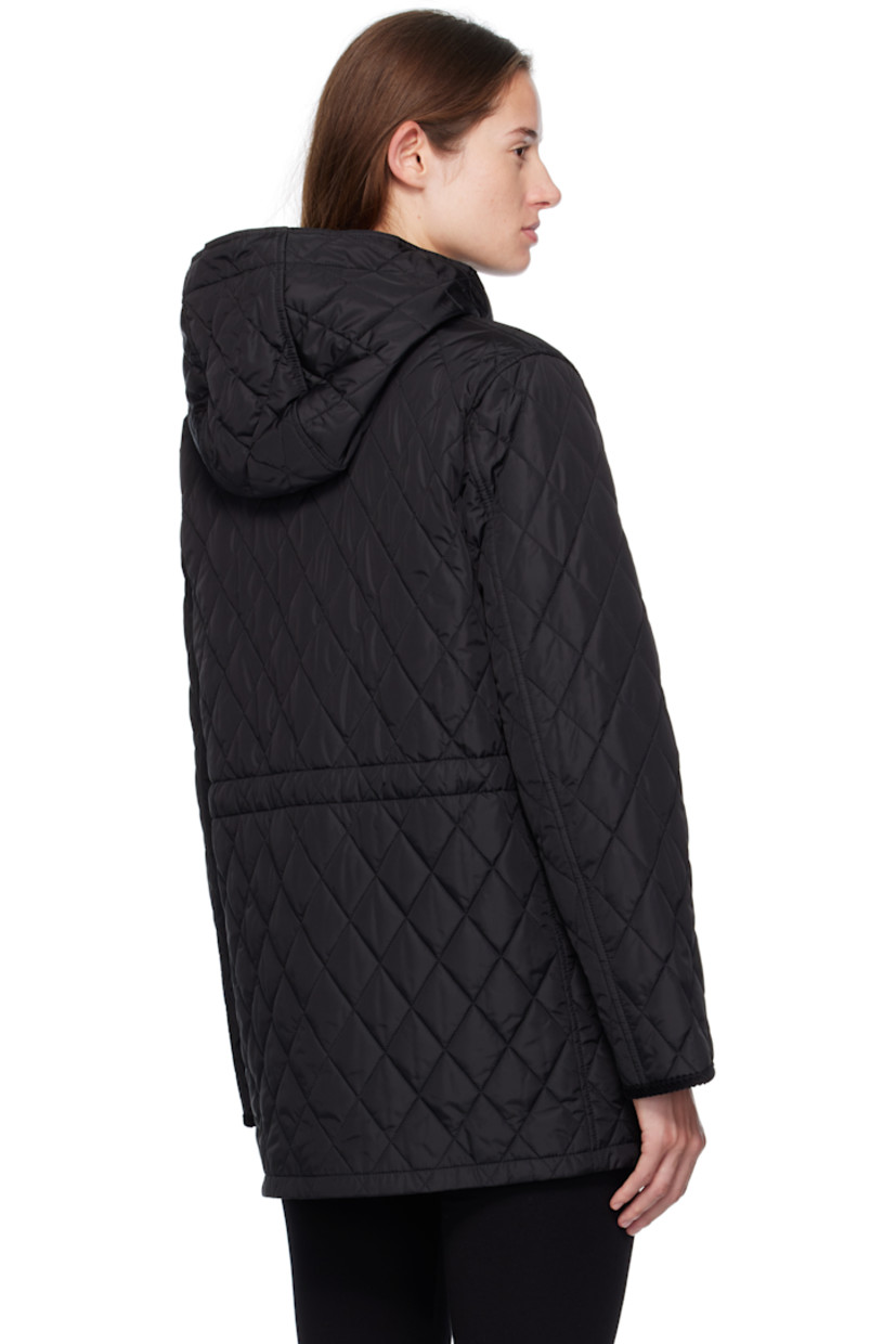 Insulated and quilted nylon satin coat. 

· Water-repellent
· Cotton corduroy trim throughout 
· Drawstring at hood
· Two-way zip closure and press-stud placket 
· Patch pockets at front 
· Cord-lock drawstring at interior waist 
· Patch pocket at interior 
· Full twill lining

Supplier color: Black/Sand ip check