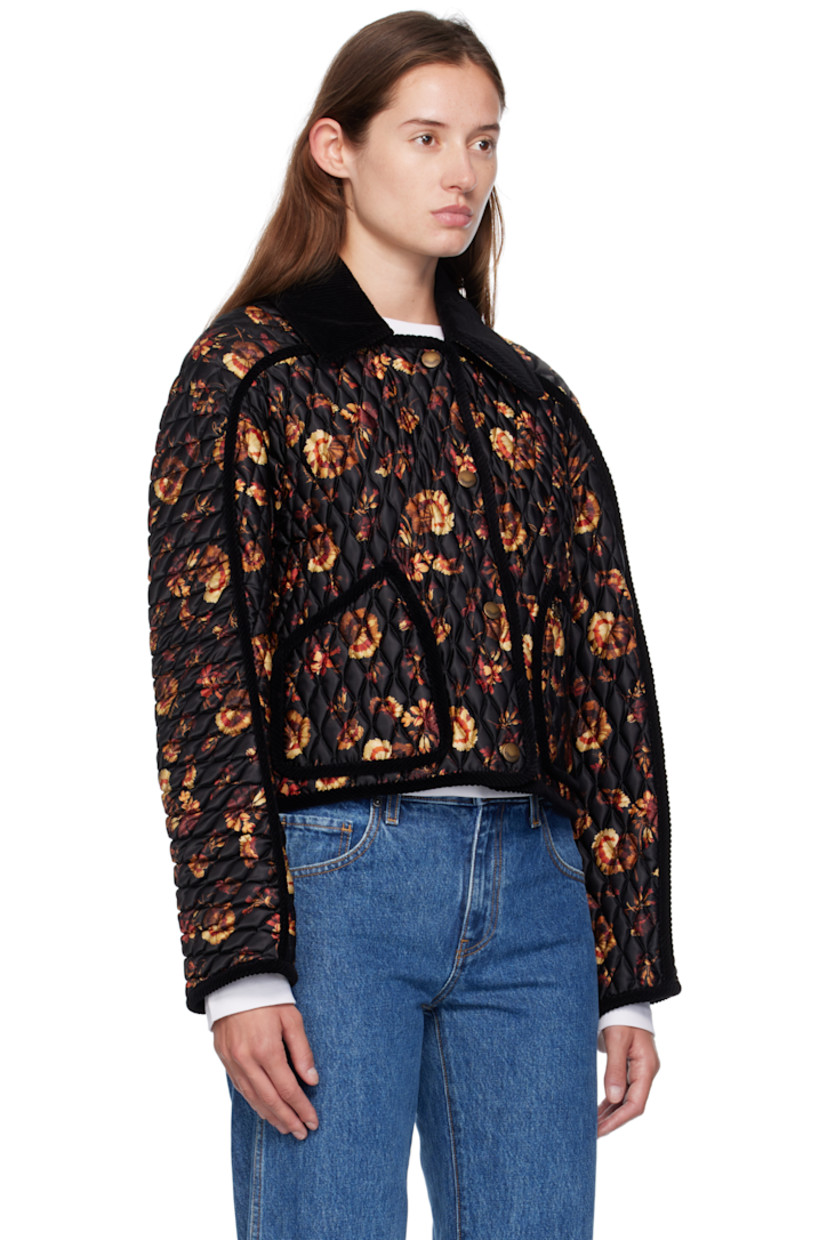 Quilted nylon satin jacket.

· Floral logo pattern throughout
· Corduroy trim throughout
· Spread collar
· Press-stud closure
· Patch pockets at waist
· Logo hardware at front waist pocket
· Cropped hem
· Quilted lining

Supplier color: Crimson Red IP pattern