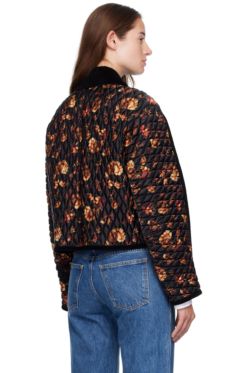 Quilted nylon satin jacket.

· Floral logo pattern throughout
· Corduroy trim throughout
· Spread collar
· Press-stud closure
· Patch pockets at waist
· Logo hardware at front waist pocket
· Cropped hem
· Quilted lining

Supplier color: Crimson Red IP pattern