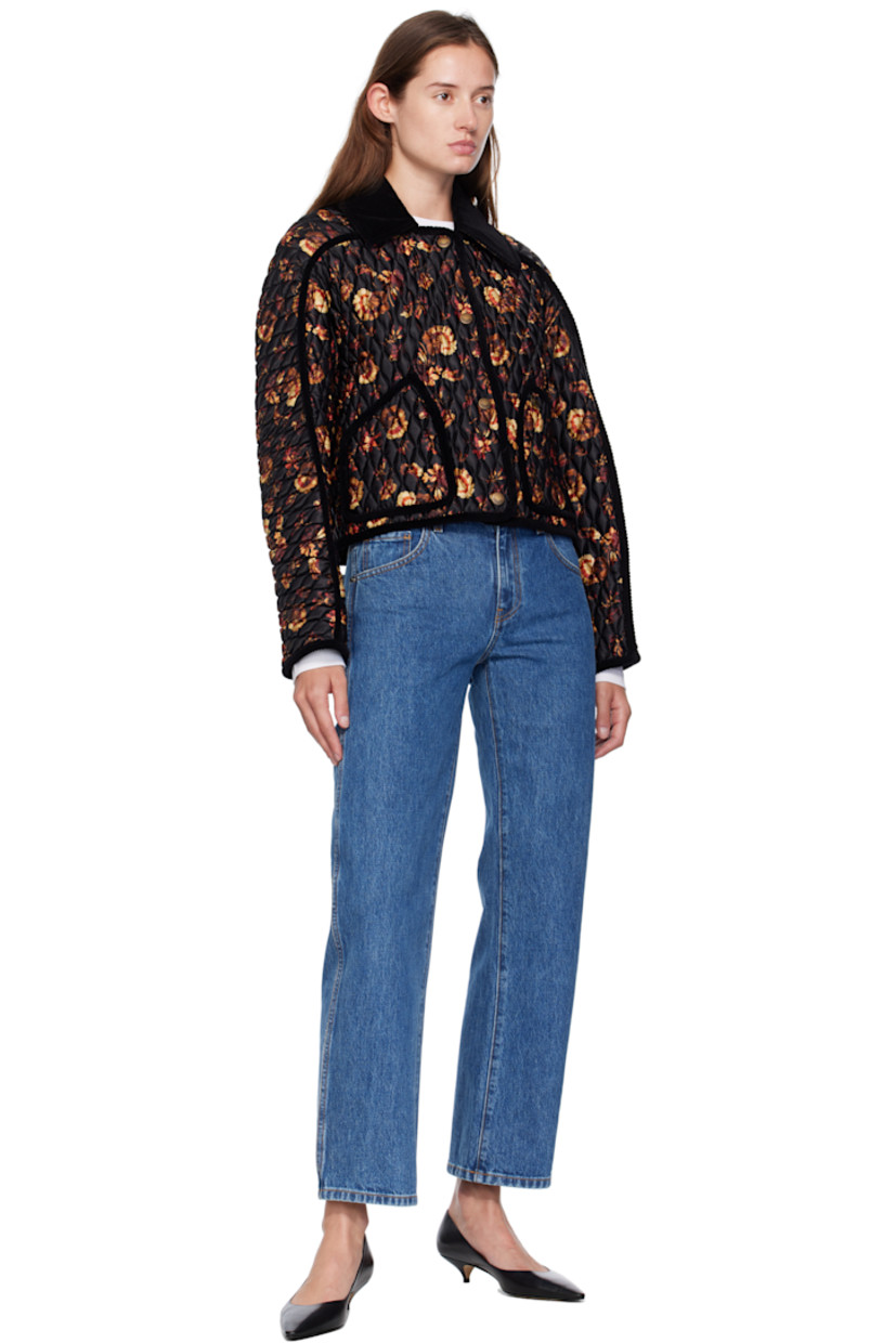Quilted nylon satin jacket.

· Floral logo pattern throughout
· Corduroy trim throughout
· Spread collar
· Press-stud closure
· Patch pockets at waist
· Logo hardware at front waist pocket
· Cropped hem
· Quilted lining

Supplier color: Crimson Red IP pattern