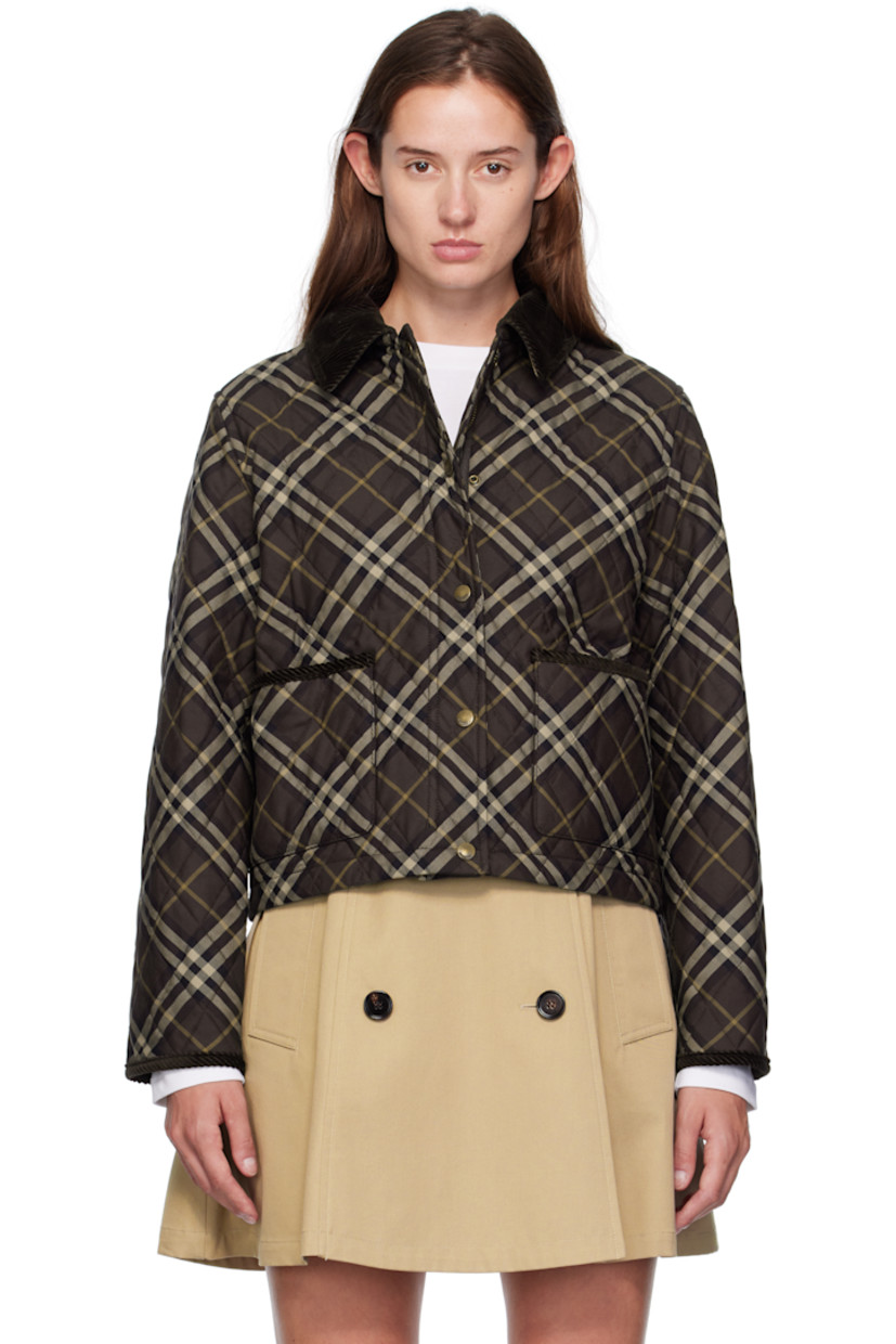 Insulated cotton canvas jacket.

· Check pattern throughout
· Corduroy trim throughout
· Spread collar
· Zip closure with press-stud placket
· Patch pockets at waist
· Cropped hem
· Logo flag at side seam
· Press-stud pocket at interior
· Quilted twill lining

Supplier color: Truffle IP check