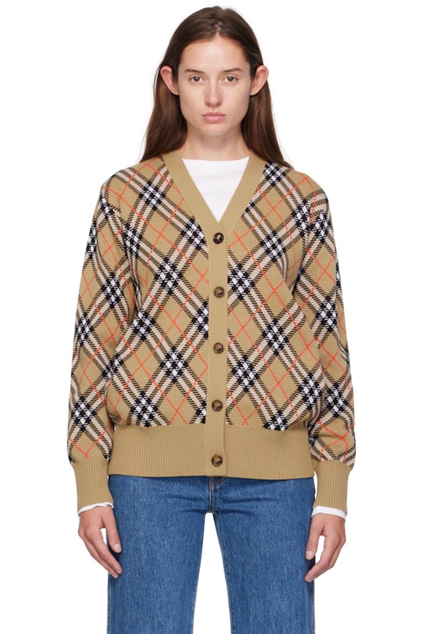 Knit wool-blend cardigan. 

· Jacquard check pattern throughout
· Rib-knit V-neck, hem, and cuffs
· Button closure

Supplier color: Sand IP Check