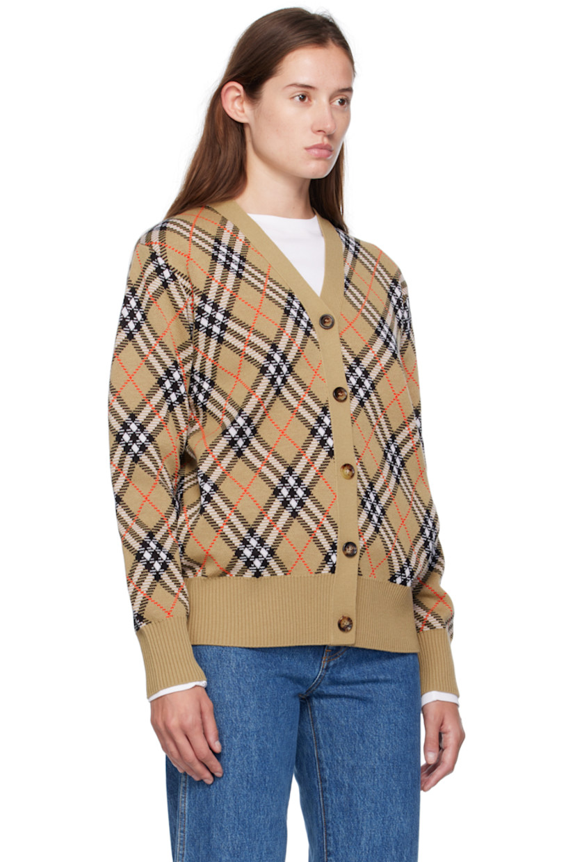 Knit wool-blend cardigan. 

· Jacquard check pattern throughout
· Rib-knit V-neck, hem, and cuffs
· Button closure

Supplier color: Sand IP Check