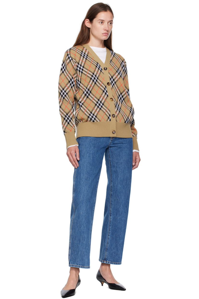 Knit wool-blend cardigan. 

· Jacquard check pattern throughout
· Rib-knit V-neck, hem, and cuffs
· Button closure

Supplier color: Sand IP Check
