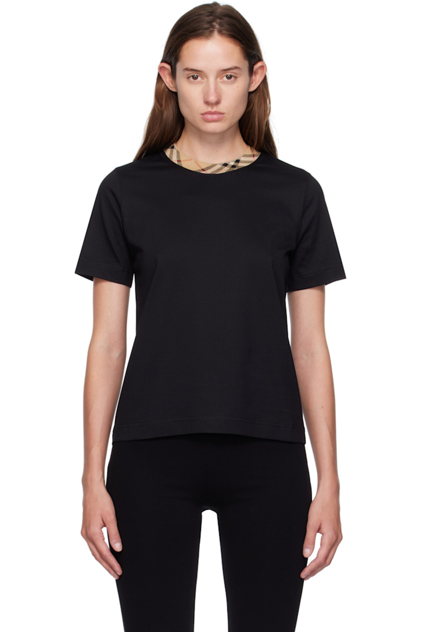 Cotton jersey T-shirt. Jacquard check pattern at rib-knit crewneck. 

Supplier color: Black