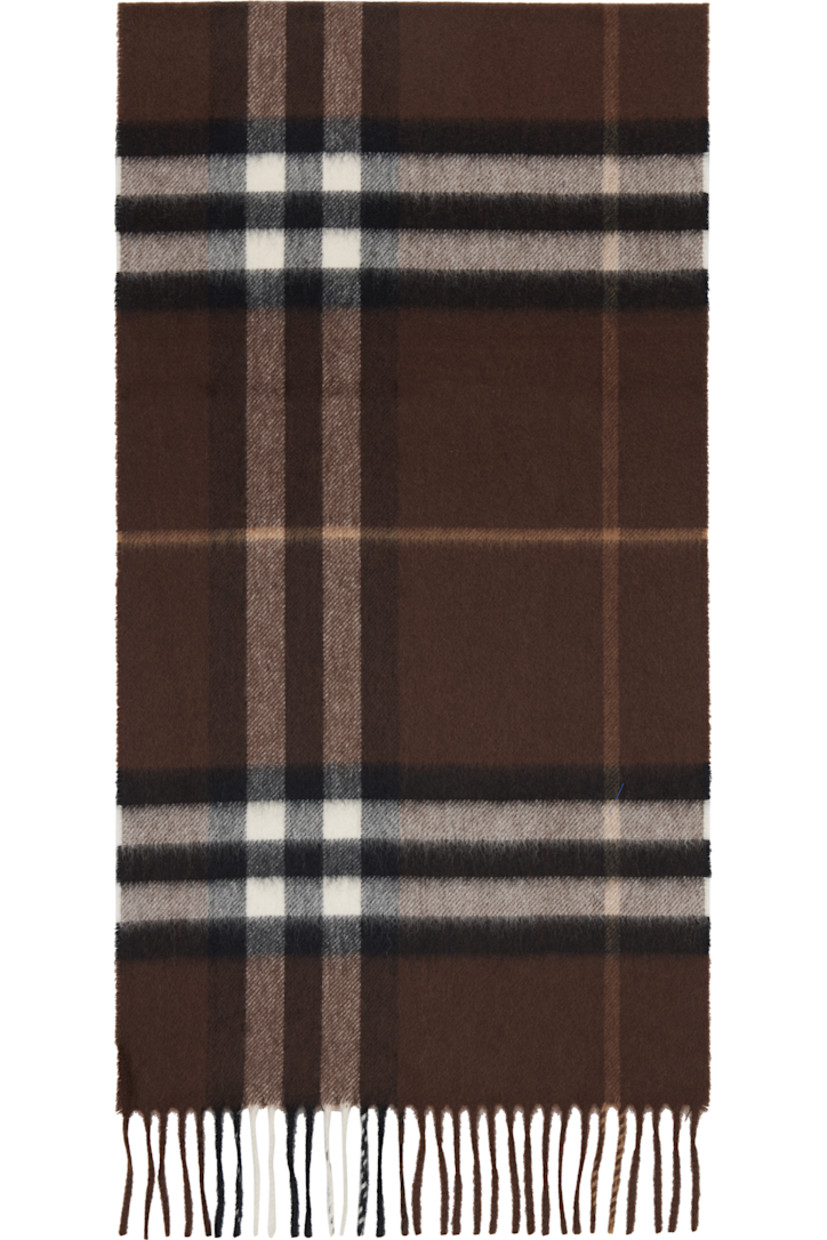 Rectangular brushed cashmere flannel scarf.

· Check pattern throughout
· Fringed ends 
· L72" x W12.75"

Supplier color: Treacle brown