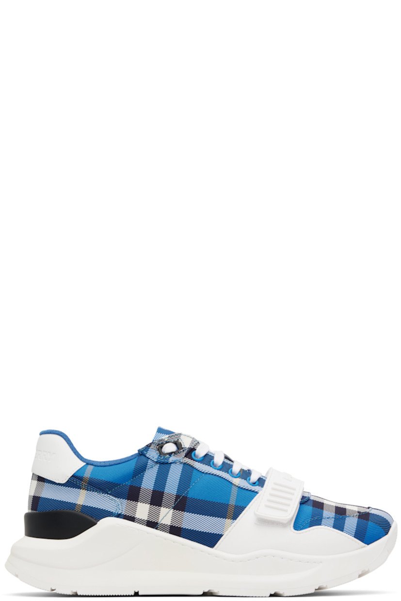 Low-top twill and buffed calfskin sneakers.

· Signature check pattern throughout 
· Logo-embossed rubber velcro strap at vamp
· Lace-up closure
· Padded tongue and collar 
· Logo embossed at heel tab
· Mesh lining 
· TPU trim at welt 
· Treaded rubber sole 

Supplier color: Hyacinth