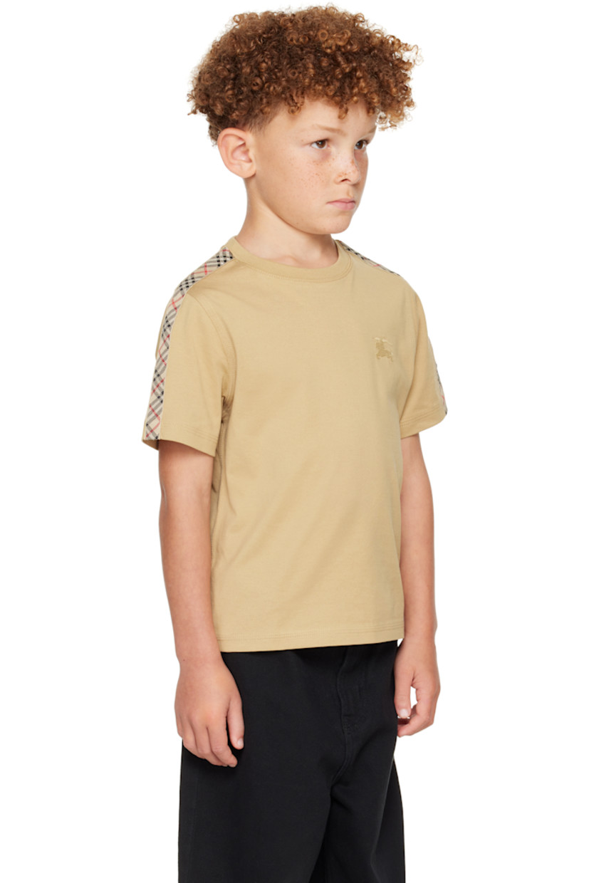 Cotton jersey T-shirt.

· Rib-knit crewneck
· Logo graphic embroidered at chest
· Webbing trim with check pattern at sleeves
· Machine-wash

Supplier color: Sand IP check/Sand

Model measures 48.5" / 123.2 cm tall and wears size 6Y.

Burberry Size: child's height 
3Y: 38.5" / 98 cm 
4Y: 41" / 104 cm 
6Y: 45.5" / 115.5 cm 
8Y: 50.4" / 128 cm 
10Y: 55.1" / 140 cm 
12Y: 59.9" / 152 cm 
14Y: 64.6" / 164 cm