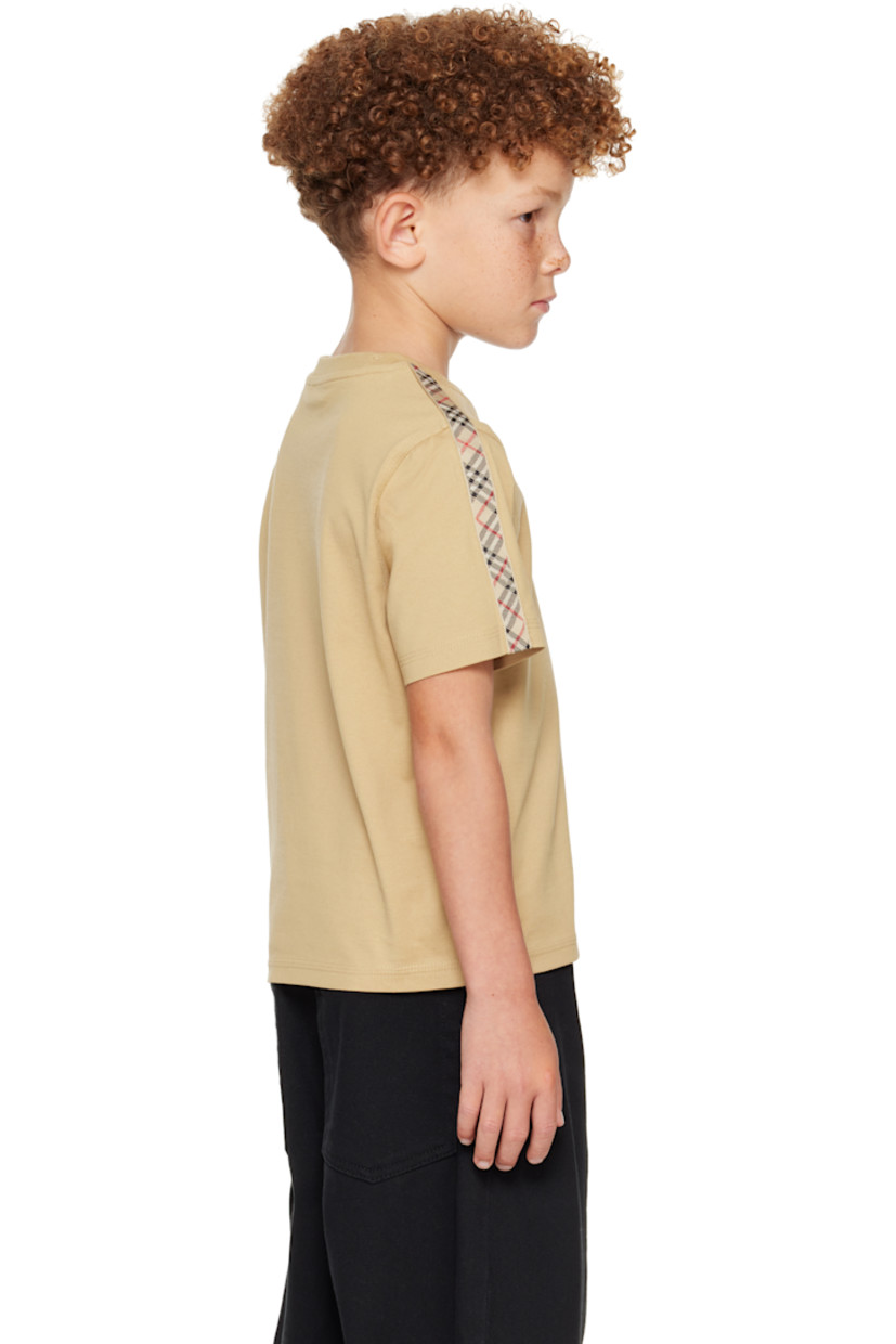 Cotton jersey T-shirt.

· Rib-knit crewneck
· Logo graphic embroidered at chest
· Webbing trim with check pattern at sleeves
· Machine-wash

Supplier color: Sand IP check/Sand

Model measures 48.5" / 123.2 cm tall and wears size 6Y.

Burberry Size: child's height 
3Y: 38.5" / 98 cm 
4Y: 41" / 104 cm 
6Y: 45.5" / 115.5 cm 
8Y: 50.4" / 128 cm 
10Y: 55.1" / 140 cm 
12Y: 59.9" / 152 cm 
14Y: 64.6" / 164 cm
