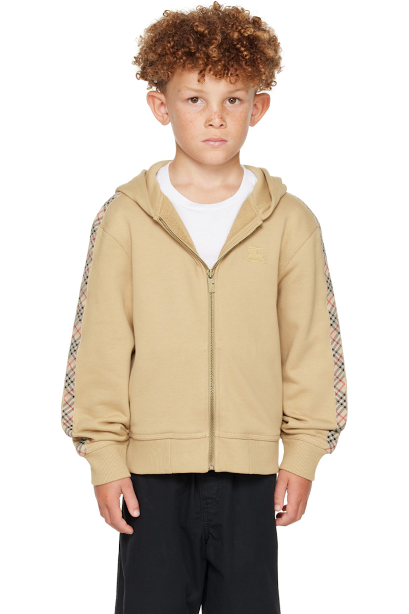 French terry hoodie.

· Zip closure
· Logo graphic embroidered at chest
· Seam pockets at waist
· Rib-knit hem and cuffs
· Webbing trim with check pattern at sleeves
· Machine-wash

Supplier color: Sand IP check/Sand

Model measures 48.5" / 123.2 cm tall and wears size 6Y.

Burberry Size: child's height 
3Y: 38.5" / 98 cm 
4Y: 41" / 104 cm 
6Y: 45.5" / 115.5 cm 
8Y: 50.4" / 128 cm 
10Y: 55.1" / 140 cm 
12Y: 59.9" / 152 cm 
14Y: 64.6" / 164 cm