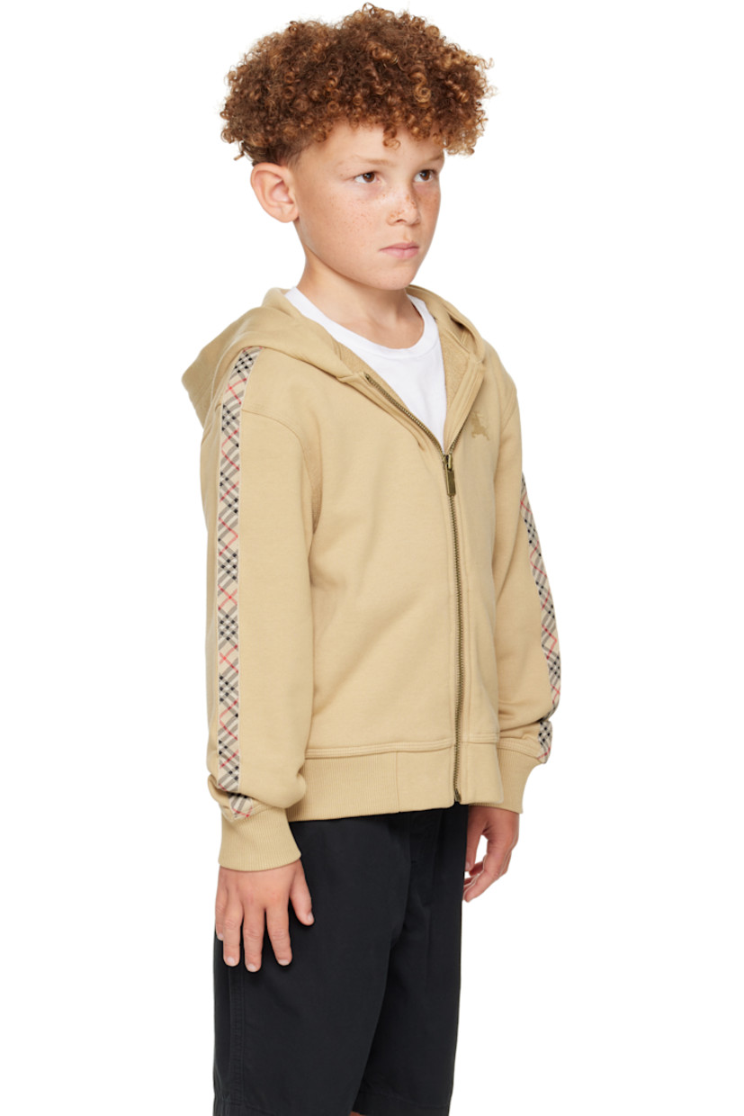 French terry hoodie.

· Zip closure
· Logo graphic embroidered at chest
· Seam pockets at waist
· Rib-knit hem and cuffs
· Webbing trim with check pattern at sleeves
· Machine-wash

Supplier color: Sand IP check/Sand

Model measures 48.5" / 123.2 cm tall and wears size 6Y.

Burberry Size: child's height 
3Y: 38.5" / 98 cm 
4Y: 41" / 104 cm 
6Y: 45.5" / 115.5 cm 
8Y: 50.4" / 128 cm 
10Y: 55.1" / 140 cm 
12Y: 59.9" / 152 cm 
14Y: 64.6" / 164 cm