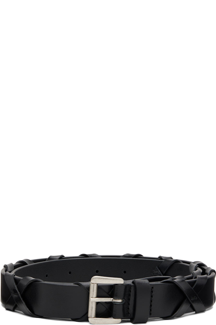 Buffed leather belt.

· Crisscrossing straps throughout
· Keeper loop
· Pin-buckle fastening
· W1"

Supplier color: Black