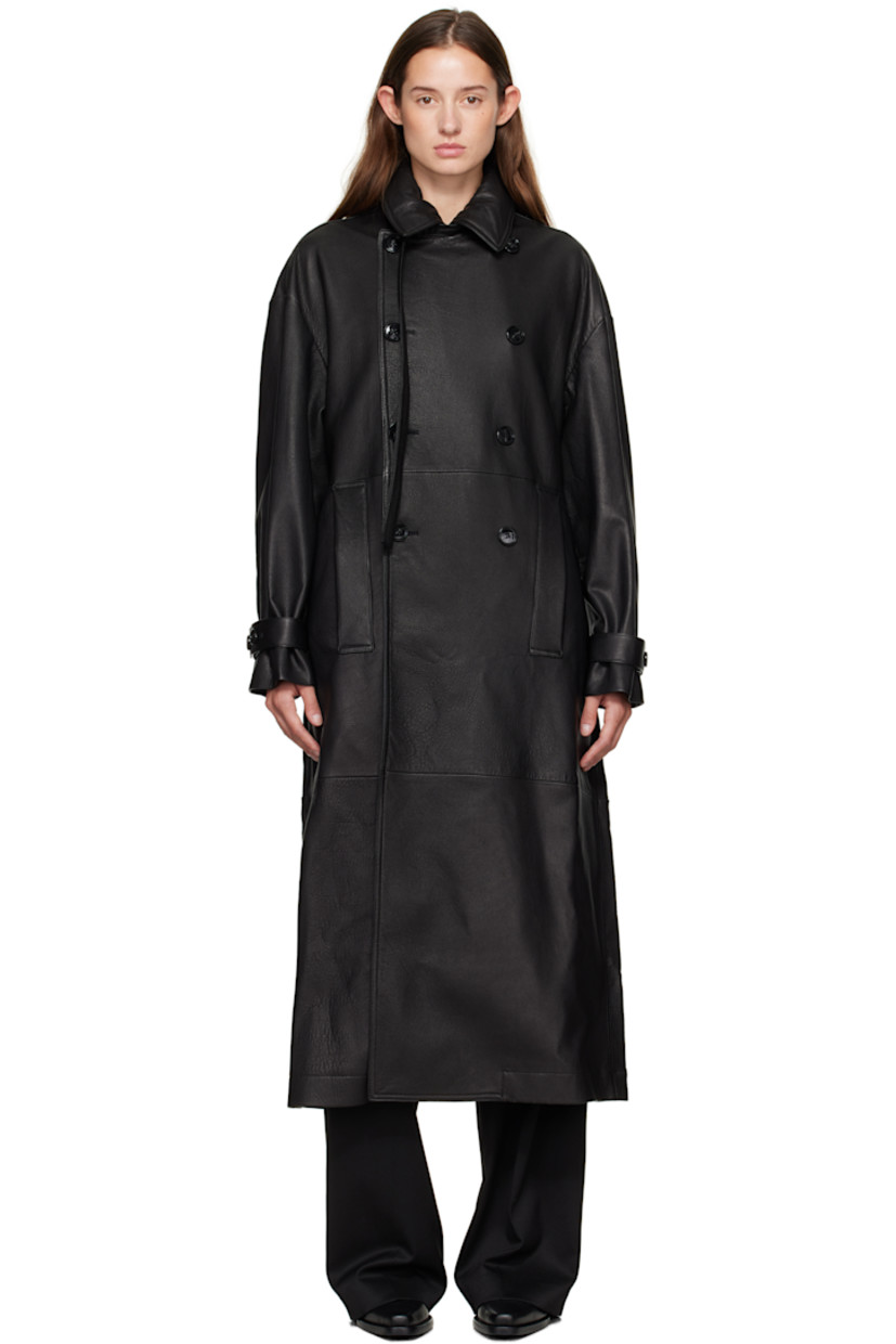 Grained lambskin trench coat. 

· Loops and pin-buckle strap at notched lapel 
· Double-breasted button closure
· Welt pockets at front 
· Belt loops 
· Detachable pin-buckle belt at waist
· Welt pockets at interior 
· Partial satin lining 

Supplier color: Black