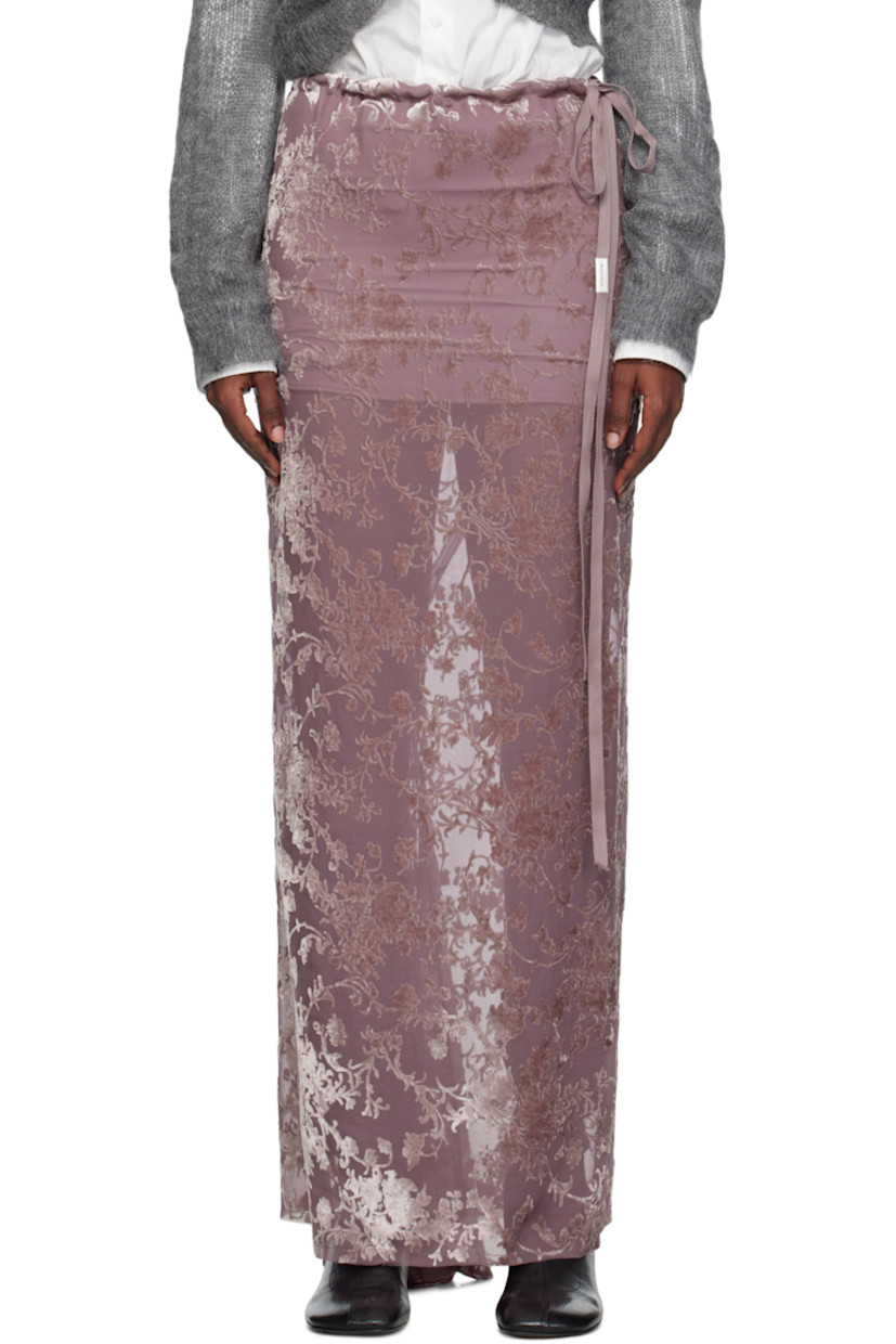 Semi-sheer viscose- and silk-blend crêpe maxi skirt.

· Bias-cut
· Floral pattern flocked throughout
· Self-tie drawstring at waistband
· Asymmetrical extended hem
· Concealed zip closure at side
· Partial silk charmeuse lining 

Supplier color: Mary rose